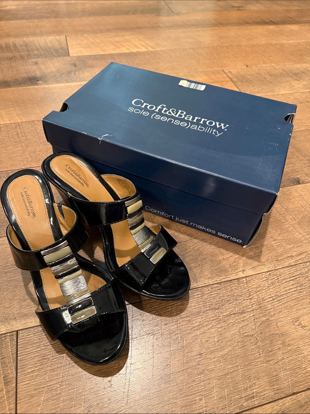 Croft & Barrow Black Patent Slide Mules with Silver Accents